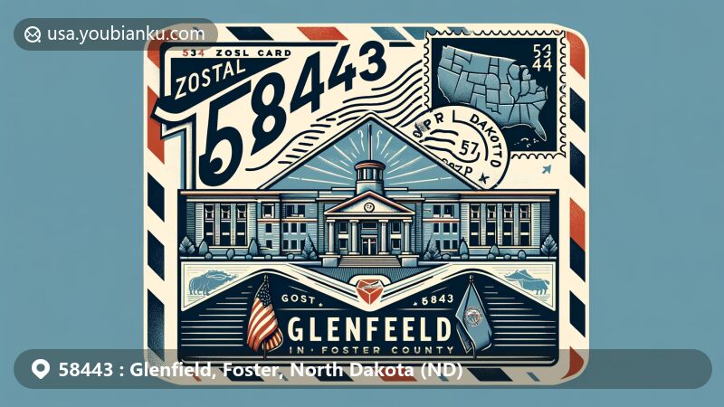Modern illustration of Glenfield, Foster County, North Dakota, featuring vintage airmail envelope with ZIP code 58443, and stamp of Glenfield Community Center, surrounded by elements symbolizing North Dakota.