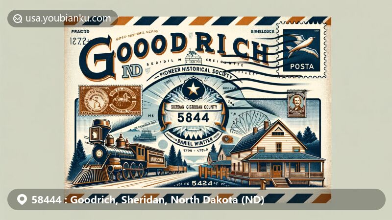 Modern illustration of Goodrich, Sheridan County, North Dakota, highlighting postal theme with ZIP code 58444, featuring Pioneer Historical Society, Daniel Winter House, and Sheridan County Museum.