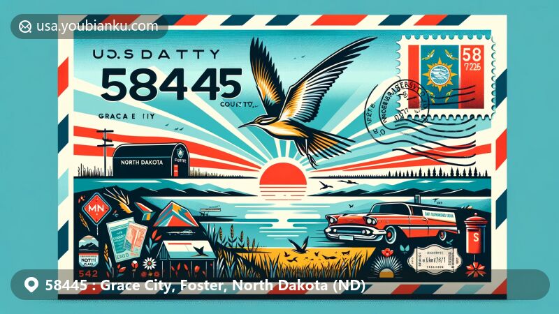 Modern illustration of Grace City, Foster County, North Dakota, showcasing postal theme with ZIP code 58445, featuring North Dakota state flag, Western Meadowlark, and iconic state landmarks.