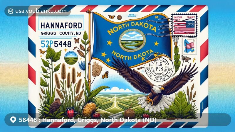 Modern illustration of airmail envelope with North Dakota state flag background, showcasing ZIP code 58448 and Hannaford, Griggs County, North Dakota.