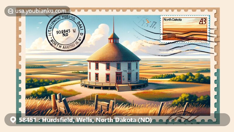 Postcard-style illustration of Hurd Round House in Hurdsfield, North Dakota, set against the North American prairies, featuring postal theme with ZIP code 58451.