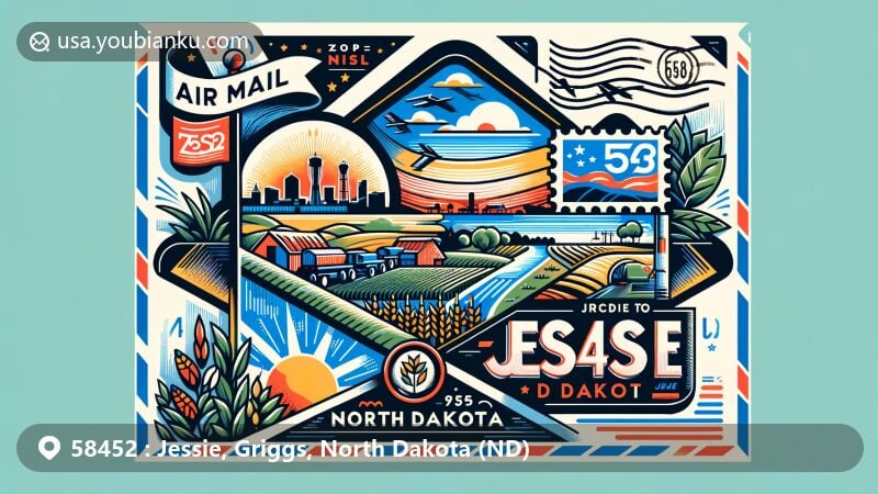 Modern illustration of Jessie, Griggs County, North Dakota, designed as an air mail envelope with state symbols and local elements, including rural landscapes and cultural symbols.