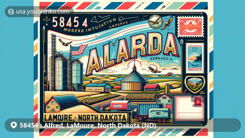 Modern illustration of Alfred, LaMoure County, North Dakota, showcasing postal theme with ZIP code 58454, featuring local landmarks, state flag, and classic postal elements.