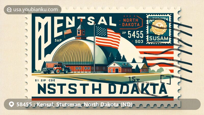 Modern illustration of Kensal, Stutsman County, North Dakota, with Cecil Baker Round Barn and North Dakota state flag, showcasing ZIP code 58455 and postal elements.