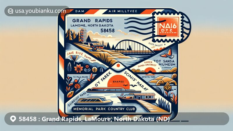 Modern illustration of Grand Rapids, LaMoure, North Dakota, with ZIP code 58458, resembling an airmail envelope or postcard. Features include James River Damsite Park, Lake LaMoure, Sunset Park, Toy Farmer Museum, Chan SanSan Scenic Backway, LaMoure County Museum, Memorial Park, Memorial Park Country Club, postal stamp, postmark, mailbox, and prominent ZIP code.