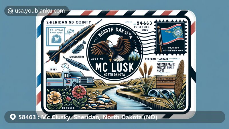 Modern illustration of Mc Clusky, Sheridan County, North Dakota (ND), resembling an airmail envelope with ZIP code 58463, featuring landscape of Mc Clusky Canal and North Dakota state symbols.