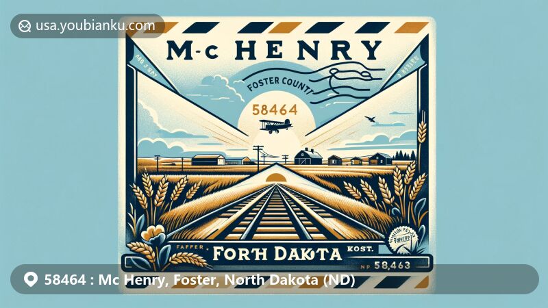Modern illustration of Mc Henry, Foster County, North Dakota, with vintage airmail envelope showcasing wheat fields and railroad, North Dakota outline with state flag, and stamp with ZIP code 58464.