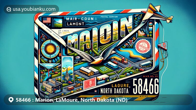 Modern illustration of Marion, LaMoure County, North Dakota, showcasing postal theme with ZIP code 58466, featuring airmail envelope and detailed map, highlighting local landmarks and cultural symbols.