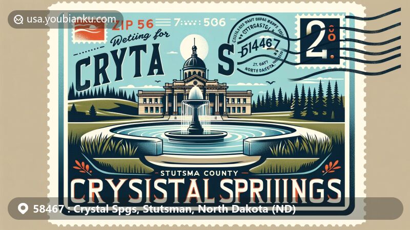 Modern illustration of Crystal Springs area, Stutsman County, North Dakota, featuring historic Crystal Springs Fountain and natural scenery, with postal elements like stamp and postmark.