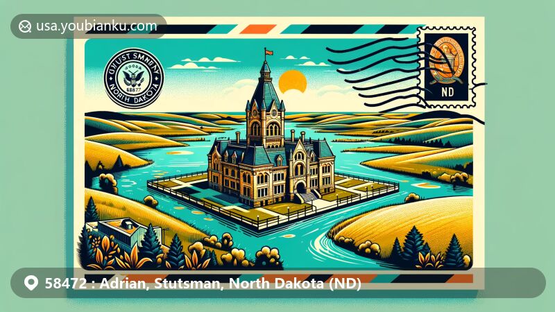 Modern illustration of Adrian, ND, Stutsman County, for ZIP code 58472, showcasing Stutsman County Courthouse in Gothic Revival style against James River and rolling hills backdrop, designed as vintage postcard with '58472' and 'Adrian, ND'.
