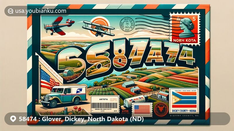 Modern illustration of Glover, Dickey County, North Dakota, showcasing postal theme with ZIP code 58474, featuring rolling hills, agricultural landscapes, James River, North Dakota state flag, postal mailbox, truck, and stamps.