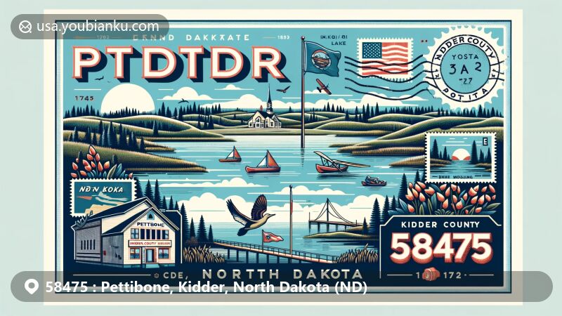 Modern illustration of Pettibone, Kidder County, North Dakota, featuring Alkali Lake, Alkaline Lake, Sibley Lake, Kidder County Museum, and North Dakota state flag, in a postcard format with ZIP code 58475.