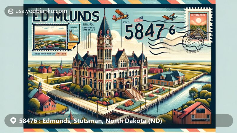 Modern illustration of Edmunds, Stutsman, North Dakota, featuring a colorful airmail envelope with iconic landmarks like Stutsman County Courthouse and Arrowwood National Wildlife Refuge.