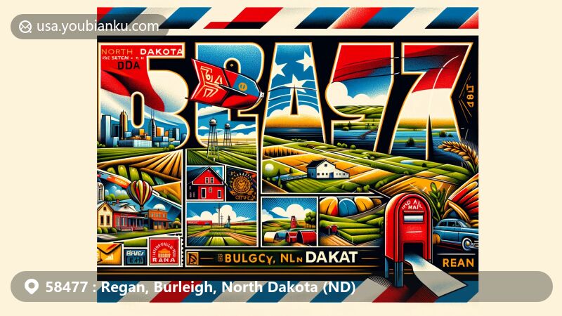 Artistic representation of Regan, Burleigh County, North Dakota, with a postal theme resembling an air mail envelope, showcasing rural landscapes, town scenes, and agricultural elements.