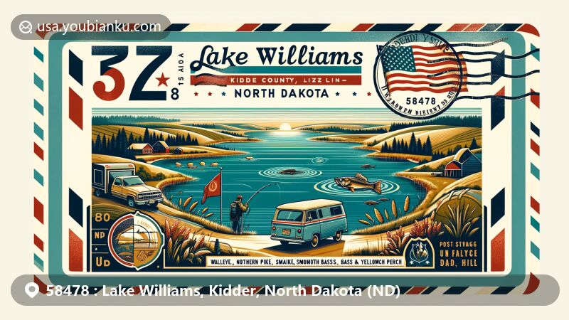 Vintage airmail envelope illustration of Lake Williams, Kidder County, North Dakota, highlighting fishing attractions and agricultural landscapes.