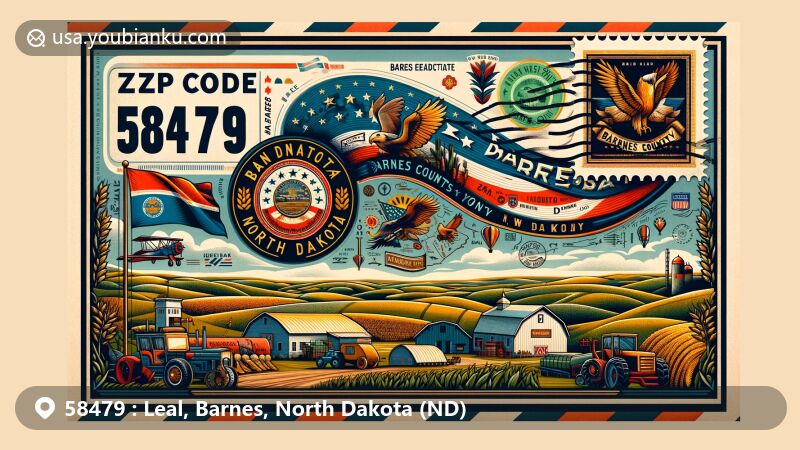 Modern illustration of Leal, Barnes County, North Dakota, resembling an airmail envelope with vintage flair, showcasing small-town America vibe, agricultural essence, North Dakota flag, and Barnes County map.