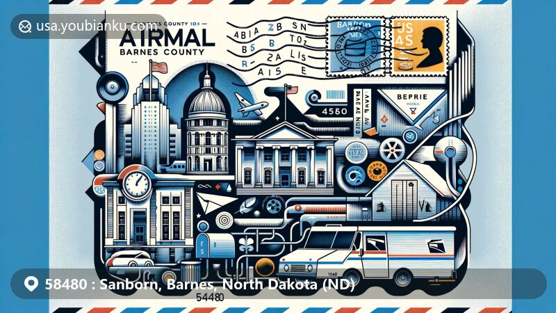 Modern illustration of Sanborn, Barnes County, North Dakota, featuring airmail envelope with stamps, postmark, and ZIP Code 58480, integrating map outline of Sanborn and landmarks like Valley City Amphitheater and Barnes County Historical Society Museum.