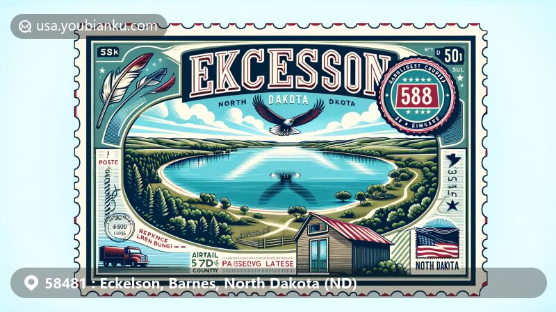 Modern illustration of Eckelson, North Dakota, showcasing postal theme with ZIP code 58481, featuring Lake Eckelson surrounded by lush green vegetation, Fox Lake, Island Lake, Barnes County, and North Dakota state outline.