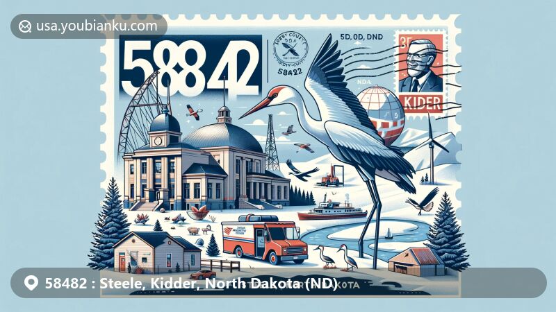 Creative aerial illustration of Steele and Kidder, North Dakota, featuring iconic elements like the Kidder County Historical Society building, a sandhill crane statue, and postal theme with ZIP code 58482.