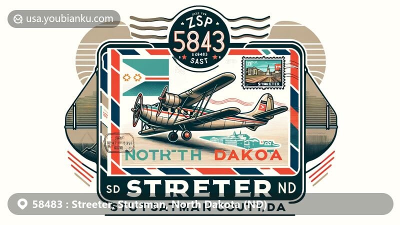Vintage-style illustration showcasing ZIP code 58483 for Streeter, Stutsman County, North Dakota, with airmail envelope featuring postage stamp of local landmark, postmark with 'Streeter, ND', and North Dakota state flag in the background.