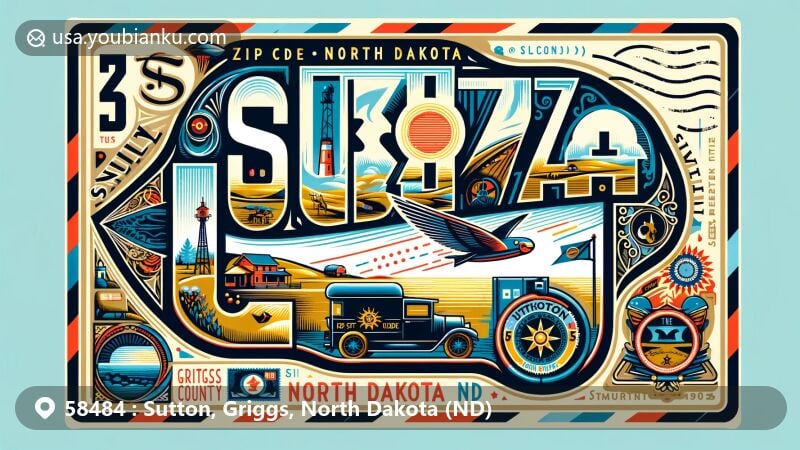 Modern illustration of Sutton, Griggs County, North Dakota, depicting postal theme with ZIP code 58484, featuring vintage postage stamp, postal mark, and state symbols.