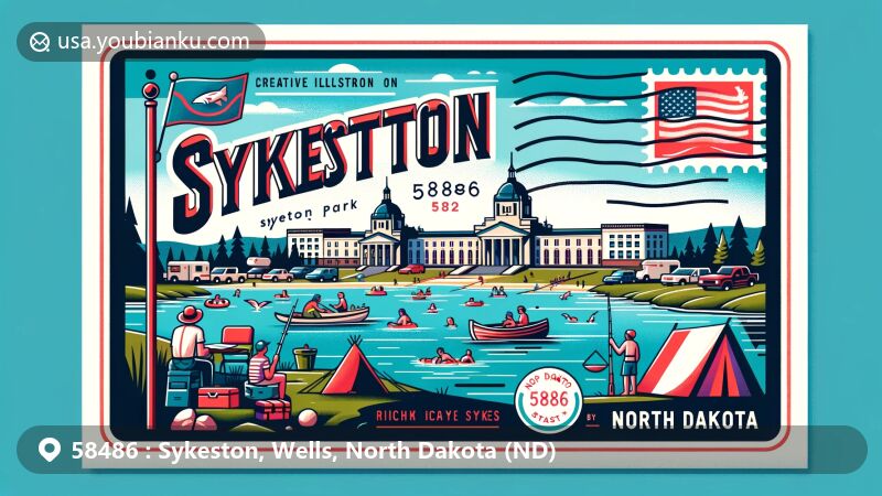Vibrant illustration of Sykeston Park, North Dakota, capturing outdoor activities like camping, swimming, and fishing, featuring historical founding in 1883 by Richard Sykes and incorporating the state flag and postal elements.