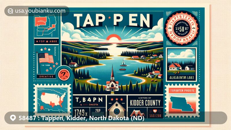 Modern illustration of Tappen town, Kidder County, North Dakota, featuring postal theme with ZIP code 58487, showcasing Alkaline Lake and local map outline.