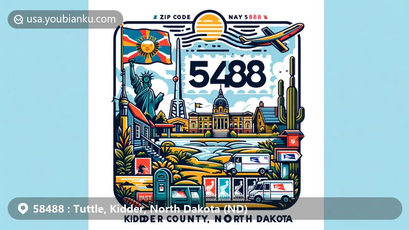 Modern illustration of Tuttle, Kidder County, North Dakota, styled as postcard with ZIP code 58488, showcasing state flag, county map, and local landmarks.
