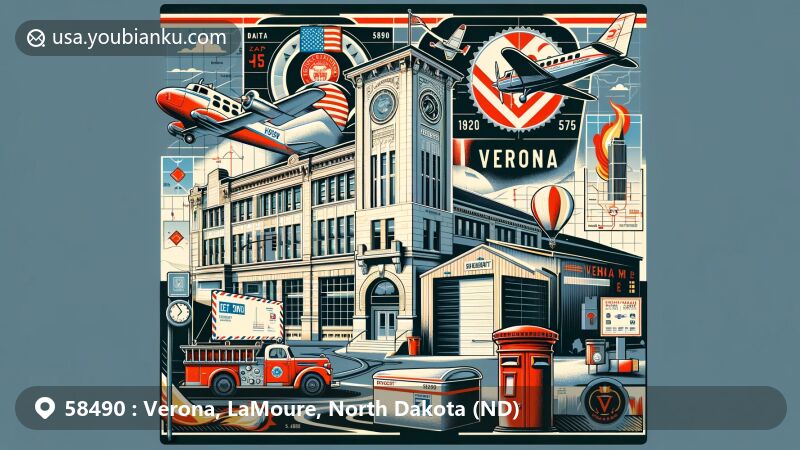 Modern illustration of Verona, LaMoure County, North Dakota, featuring vintage airmail envelope, Verona fire department building, LaMoure County map, North Dakota state flag postage stamp, postal elements, and ZIP code 58490.