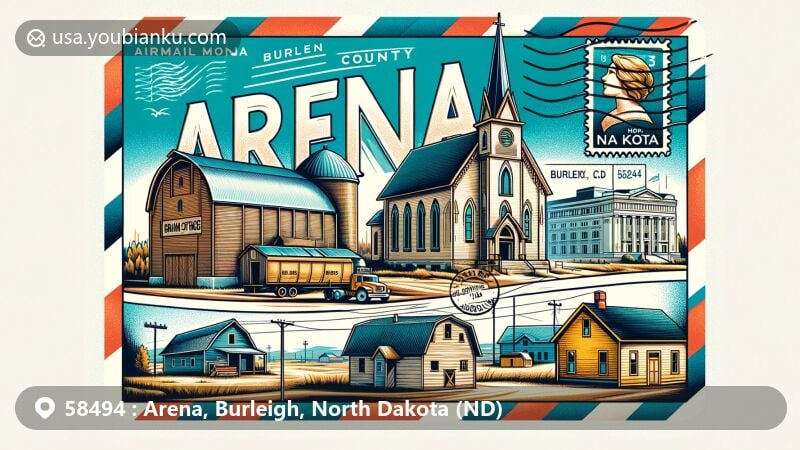 Modern illustration of Arena, Burleigh County, North Dakota, featuring landmarks like St. John's Lutheran Church, old wooden school, abandoned buildings, historic grain storage, and small yellow house, highlighting the last inhabited structure in Arena, with North Dakota state symbols and postal elements.