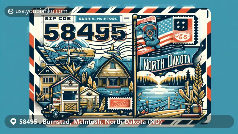Modern illustration of Burnstad, McIntosh area, North Dakota, showcasing postal theme with ZIP code 58495, featuring Burnstad Ghost Town and Beaver Lake State Park.