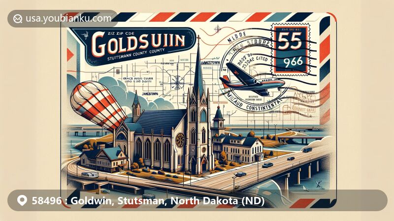 Modern illustration of Goldwin, Stutsman County, North Dakota, highlighting postal theme with ZIP code 58496, featuring Grace Episcopal Church, Jamestown Historic District, Midland Continental Overpass, and Stutsman County Courthouse.