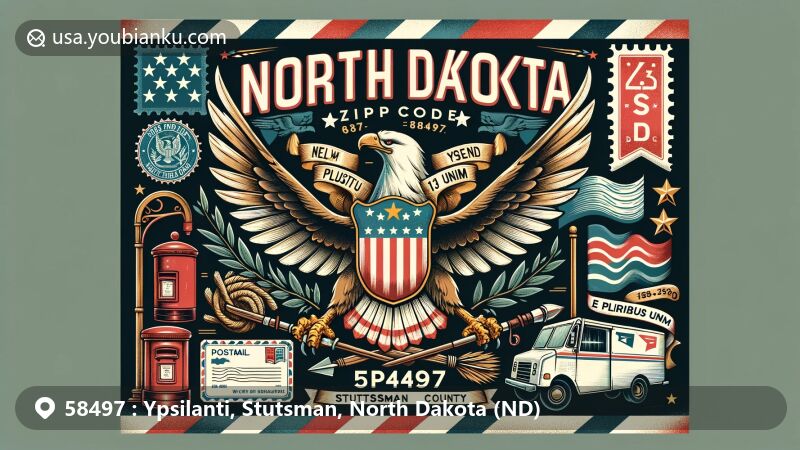 Modern illustration of Ypsilanti, Stutsman, North Dakota (ND), highlighting rural small-town charm and North Dakota state flag elements.