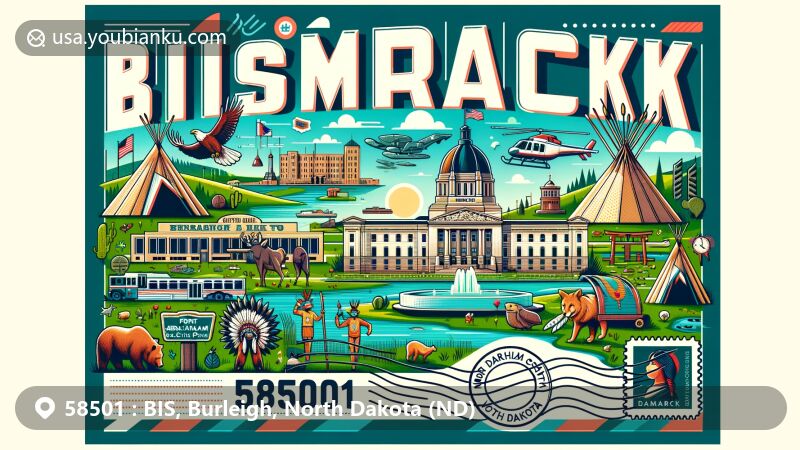 Modern illustration of Bismarck, Burleigh County, ND, featuring iconic landmarks like North Dakota State Capitol and Missouri River, with elements from Fort Abraham Lincoln State Park and Dakota Zoo, in a postcard format with postal theme and ZIP code 58501. Vibrant design highlighting key aspects.