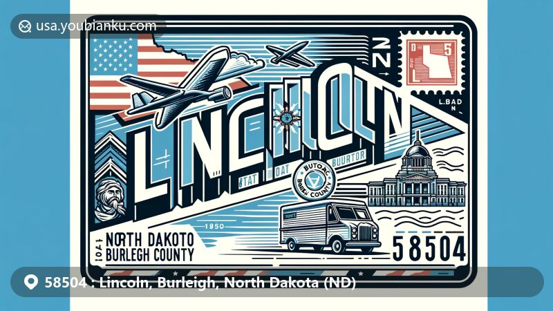 Creative illustration of ZIP code 58504 in Lincoln, Burleigh County, North Dakota, in the style of an air mail envelope, incorporating state flag and local landmarks.