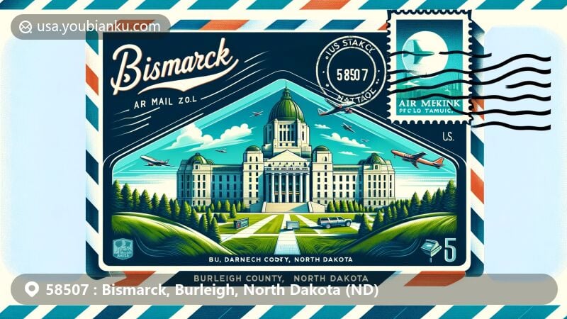 Modern illustration of U.S. ZIP code 58507 in Bismarck, Burleigh County, North Dakota, featuring airmail envelope with North Dakota State Capitol, lush green landscapes, vintage postage stamp, and postal cancellation mark.