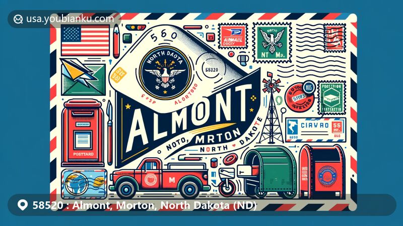 Modern illustration of Almont, Morton, North Dakota, showcasing postal theme with ZIP code 58520, featuring North Dakota state flag, Morton County outline, and Almont landmarks.