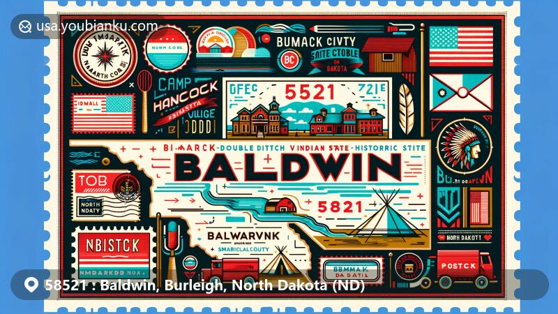 Modern illustration of Baldwin, Burleigh County, North Dakota, highlighting postal theme with ZIP code 58521, showcasing landmarks like Camp Hancock Site and Double Ditch Indian Village State Historic Site.