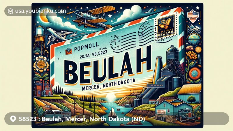 Modern illustration of Beulah, Mercer County, North Dakota, featuring a postal theme with ZIP code 58523, showcasing local culture with coal mining history and serene landscapes, surrounded by North Dakota state flag and Mercer County outline.