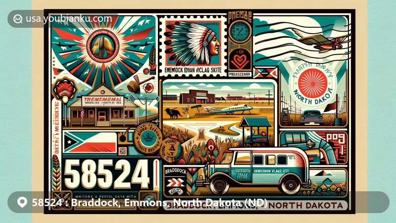 Modern illustration of Braddock, Emmons, North Dakota (ZIP code 58524), featuring Menoken Indian Village Site and Preszler Airstrip on a postal postcard, adorned with postal service symbols like vintage postage stamp and postal van.