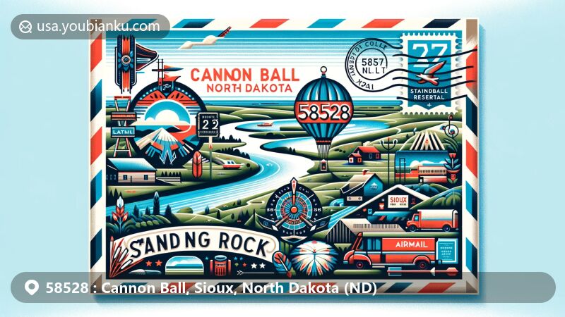 Modern illustration of Cannon Ball, Sioux, North Dakota, styled as a vibrant airmail envelope with ZIP code 58528, showcasing Standing Rock Indian Reservation, Cannonball River, and Lake Oahe.