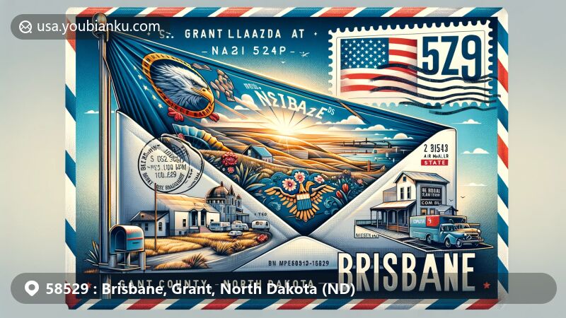 Modern digital illustration of Brisbane, Grant County, North Dakota, showcasing postal theme with ZIP code 58529, featuring vibrant air mail envelope depicting local landscape and North Dakota state flag.
