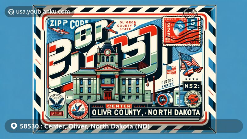 Modern illustration of Center, Oliver County, North Dakota, inspired by air mail envelope design, featuring ZIP code 58530, Oliver County Courthouse, North Dakota State outline, state flag, and cultural symbols.