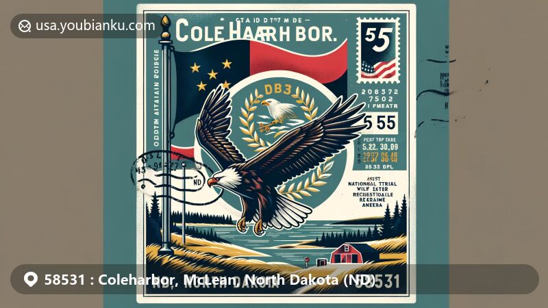 Modern illustration of Coleharbor, North Dakota, postal postcard design with North Dakota state flag and natural landmarks like Audubon National Wildlife Refuge and East Totten Trail Recreation Area.