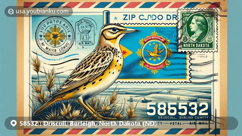 Vintage air mail envelope design for Driscoll area, ZIP code 58532, Burleigh County, North Dakota, featuring state flag, Western Meadowlark, Menoken Indian Village Site, and postal elements.
