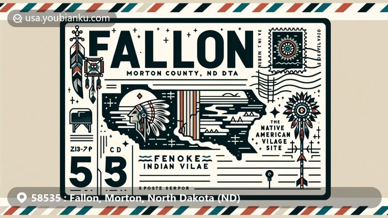 Modern illustration of Fallon, Morton County, North Dakota, featuring Menoken Indian Village Site and Native American cultural elements, with postal theme showcasing ZIP code 58535.