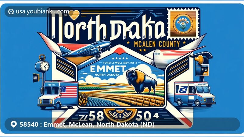 Modern illustration of Emmet, McLean County, North Dakota, featuring airmail envelope design with state flag, rolling plains, agriculture, bison symbol, postal truck, mailbox, and ZIP code 58540.