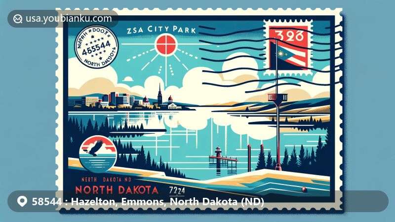 Contemporary illustration of Hazelton, Emmons County, North Dakota, highlighting Hazelton City Park and Lake Oahe, with postal elements like postmark, stamps, and ZIP code 58544.