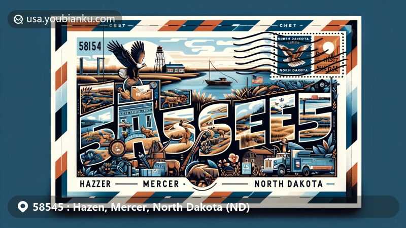 Modern illustration of Hazen, Mercer, North Dakota (ND) with ZIP code 58545, featuring Lake Sakakawea, wildlife, and the Missouri River, tied to Lewis and Clark Expedition and state flag.