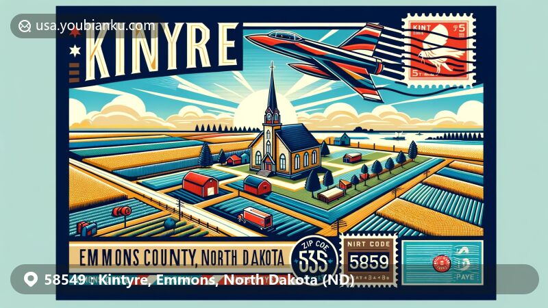 Modern illustration of Kintyre, Emmons County, North Dakota, resembling an airmail envelope or postcard, featuring Kintyre Community Hall or St. Joseph's Catholic Church, expansive farmland, James River, and map outline with ZIP code 58549.
